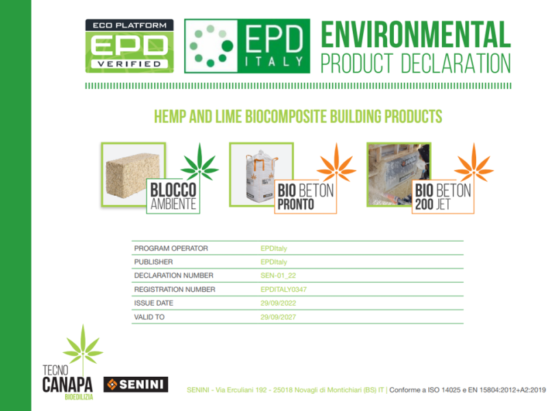 EDP Environmental Product Declaration for Hemp and Lime Bio Composite Building Products